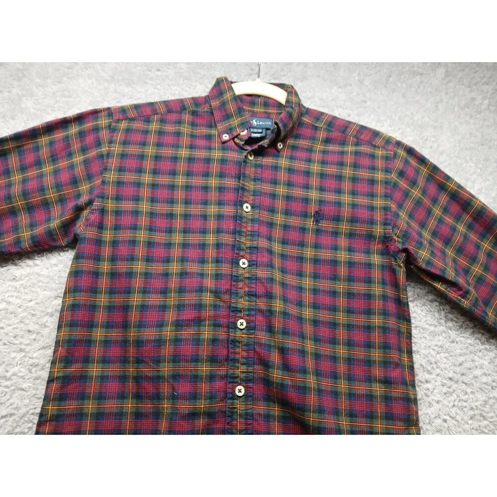 Ralph Lauren Boys Red Plaid Button Up Shirt Size 10-12 Classic Holiday Preppy